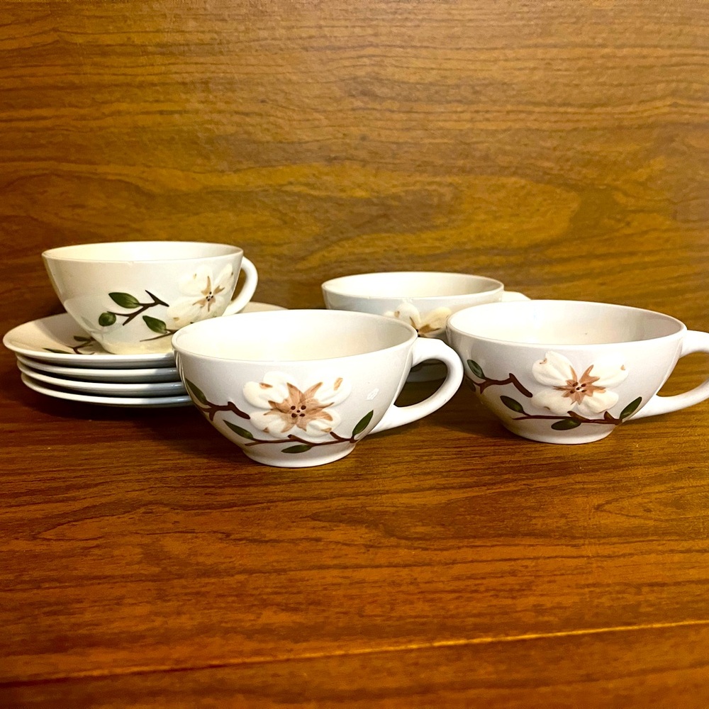 Four Vintage 1950's Orchard Ware California Pottery Dogwood Cup and Saucer Sets